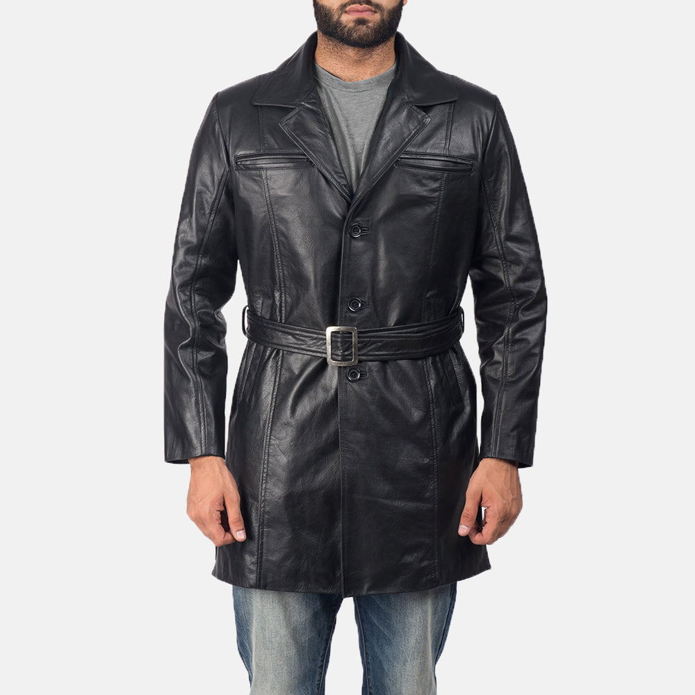 Men's Jordan Preto Casaco de Couro para Homem in Black Cowhide Leather - Front Profile View &amp; Tailored Silhouette | Buy Online