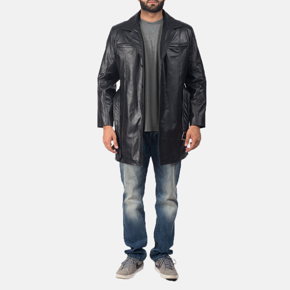 Men's Jordan Preto Casaco de Couro para Homem - Lateral Side Profile View Showing Sleeve Cut &amp; Athletic Taper Fit