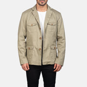 Kajetan Beige Safari Blusão de Couro para Homem in Beige Poly-Cotton - Front Profile View &amp; Tailored Silhouette | Buy Online