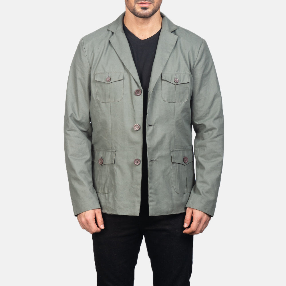 Kajetan Grey Safari Blusão de Couro para Homem in Grey Poly-Cotton - Front Profile View &amp; Tailored Silhouette | Buy Online