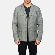 Kajetan Grey Safari Blusão de Couro para Homem in Grey Poly-Cotton - Front Profile View &amp; Tailored Silhouette | Buy Online