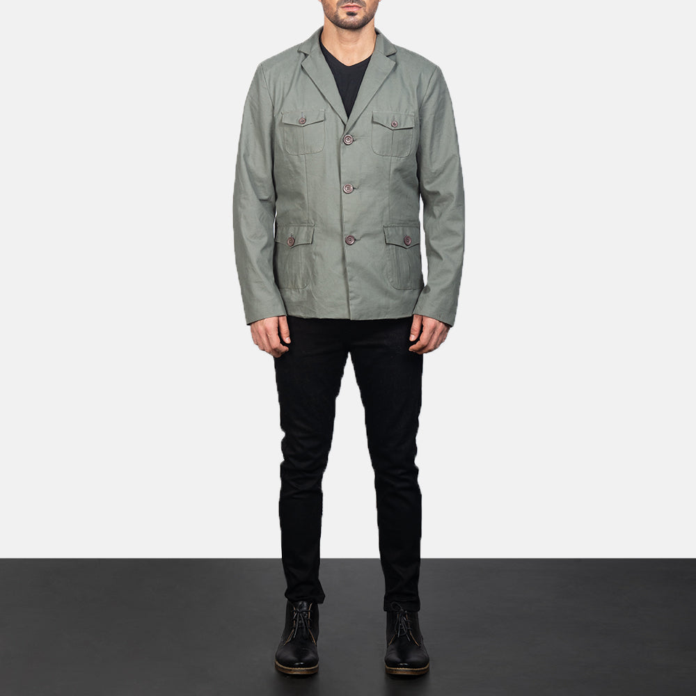 Kajetan Grey Safari Blusão de Couro para Homem - Lateral Side Profile View Showing Sleeve Cut &amp; Athletic Taper Fit