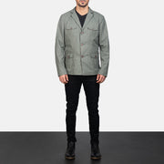 Kajetan Grey Safari Blusão de Couro para Homem - Lateral Side Profile View Showing Sleeve Cut &amp; Athletic Taper Fit