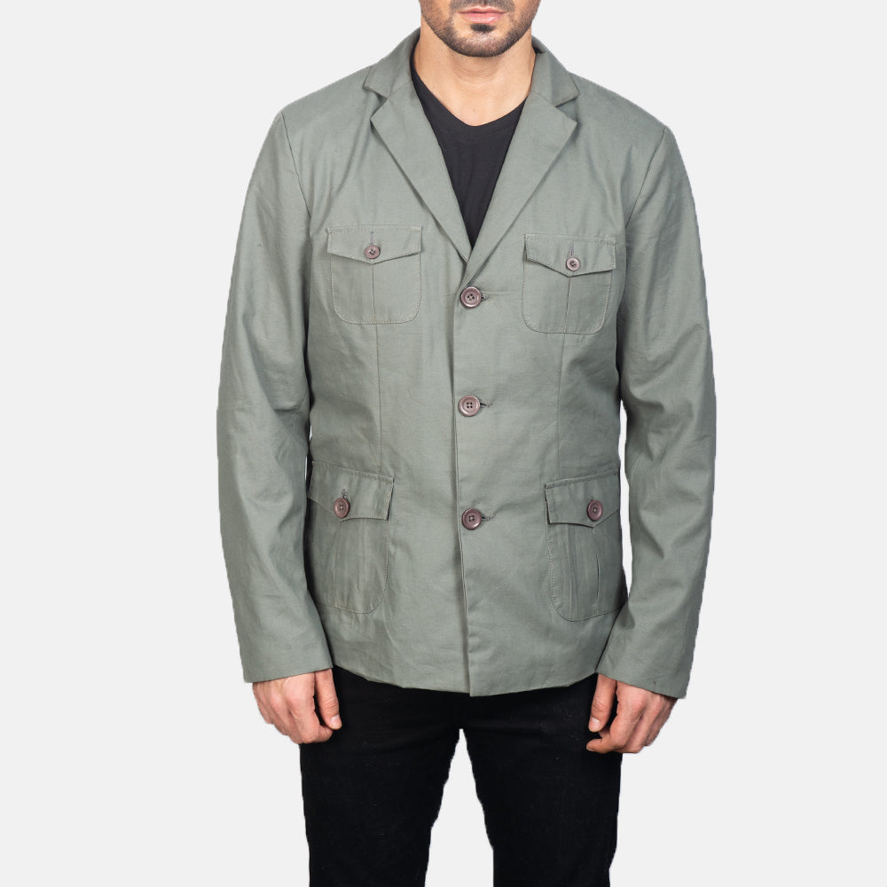 Close-Up Detail of Notch &amp; Button Hardware on Kajetan Grey Safari Blusão de Couro para Homem