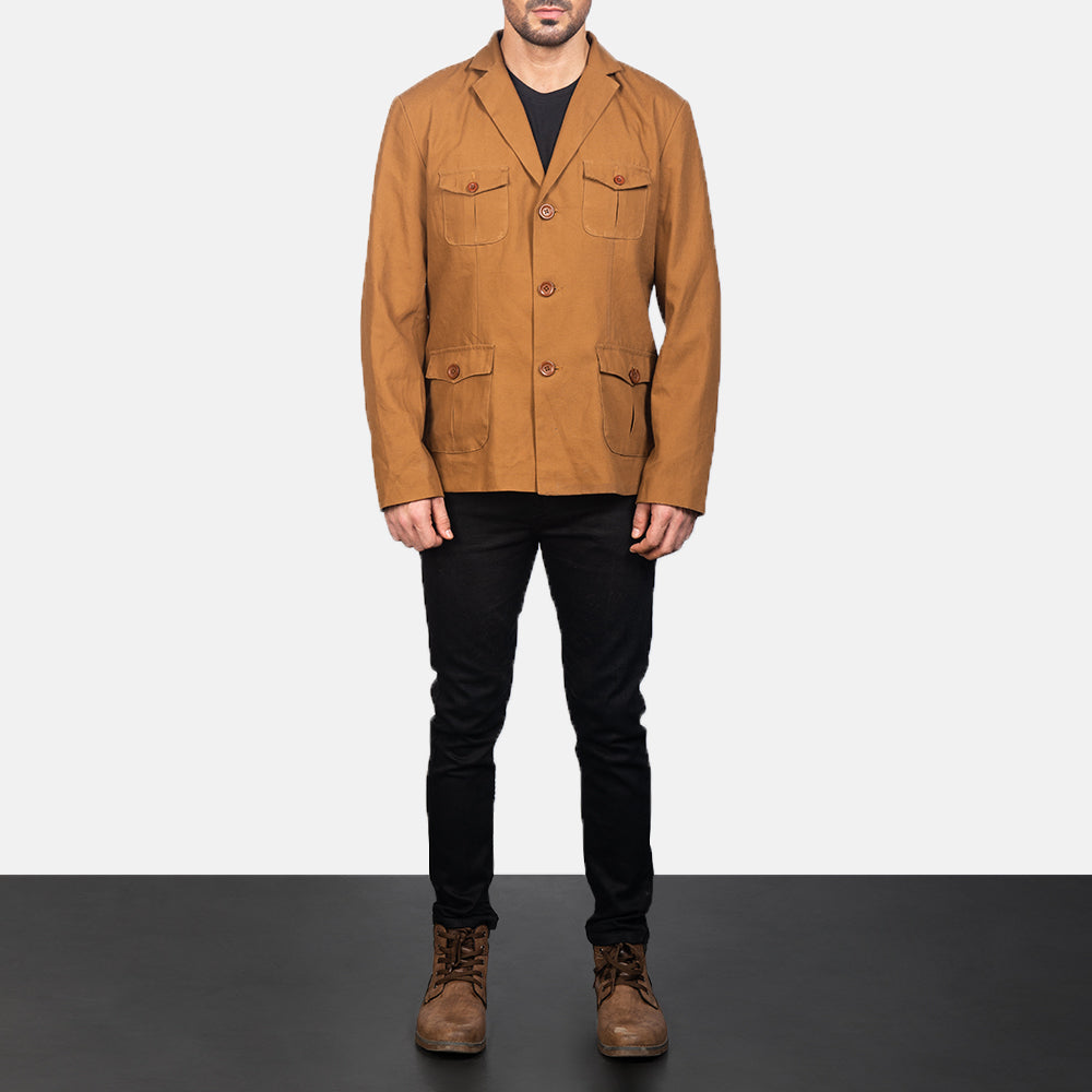 Kajetan Khaki Safari Blusão de Couro para Homem - Lateral Side Profile View Showing Sleeve Cut &amp; Athletic Taper Fit