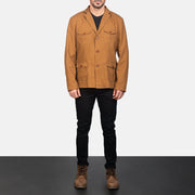 Kajetan Khaki Safari Blusão de Couro para Homem - Lateral Side Profile View Showing Sleeve Cut &amp; Athletic Taper Fit