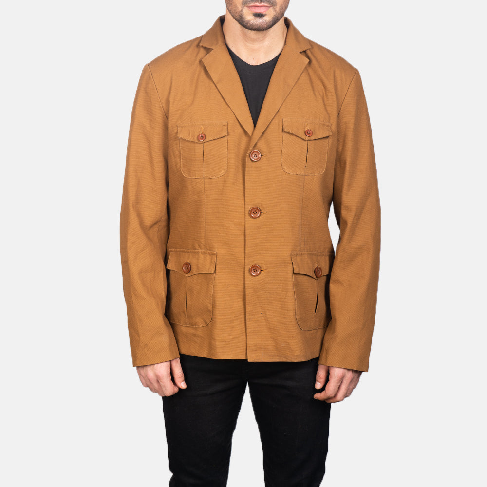 Close-Up Detail of Notch &amp; Button Hardware on Kajetan Khaki Safari Blusão de Couro para Homem