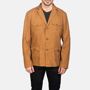 Close-Up Detail of Notch &amp; Button Hardware on Kajetan Khaki Safari Blusão de Couro para Homem