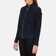 Navy Blue Goatskin Suede Biker Jacket - Back View Showing Tailored Shoulder Fit &amp; Clean Hemline