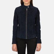 Close-Up Detail of Band with snap button &amp; Zipper Hardware on Women's Kelsee Navy Blue Suede Biker Jacket