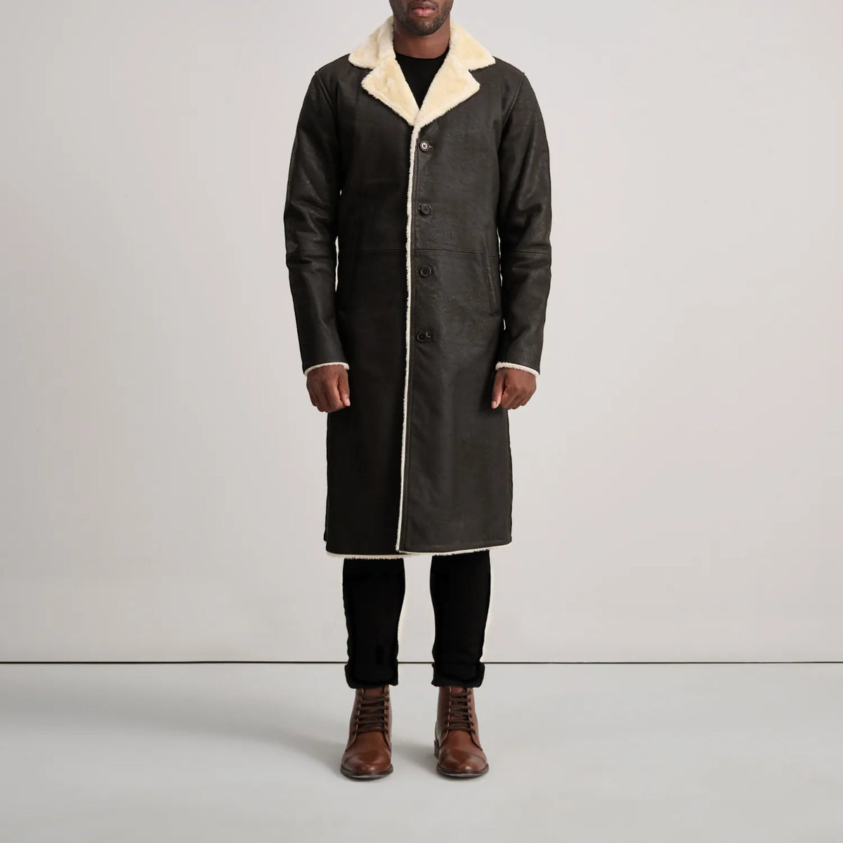 Kolby Tumbled Brown Shearling Long Coat - Lateral Side Profile View Showing Sleeve Cut &amp; Athletic Taper Fit