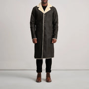 Kolby Tumbled Brown Shearling Long Coat - Lateral Side Profile View Showing Sleeve Cut &amp; Athletic Taper Fit