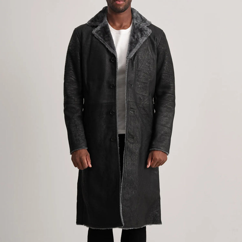 Kolby Distressed Preto Leather Shearling Casaco em Couro para Homem