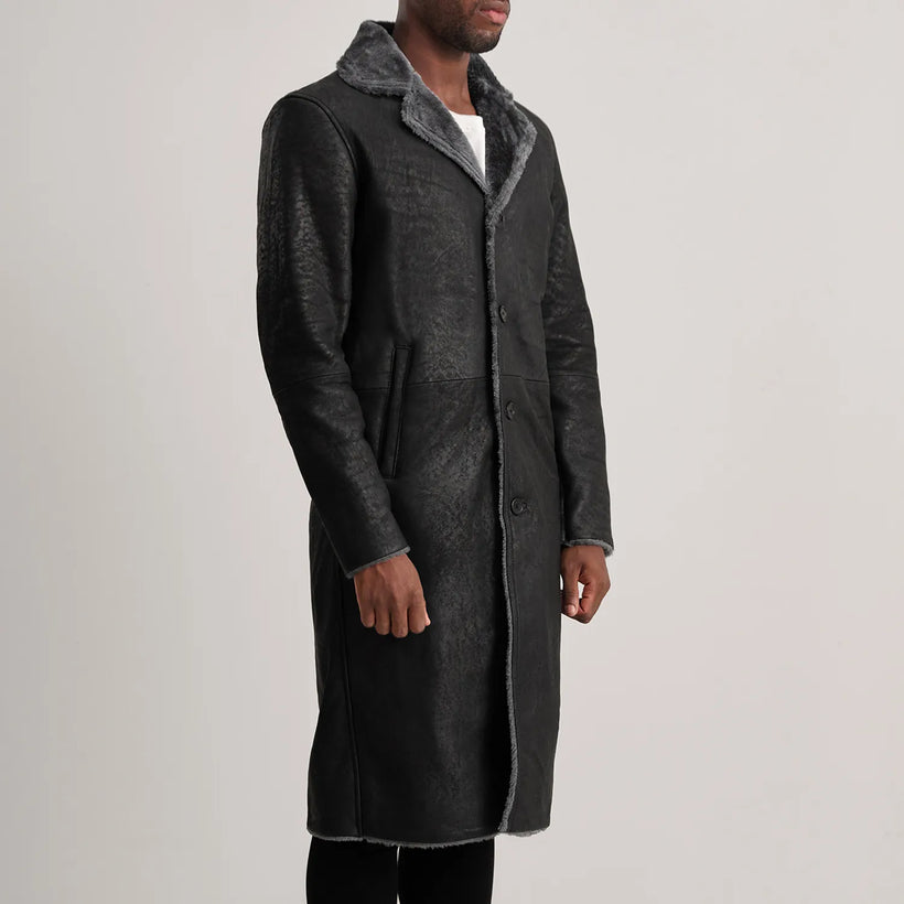 Kolby Distressed Preto Leather Shearling Casaco em Couro para Homem