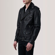 Kole Preto Leather Double Rider Blusão de Couro para Homem For Men - Lateral Side Profile View Showing Sleeve Cut &amp; Athletic Taper Fit