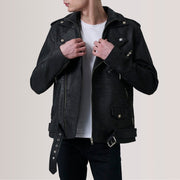 
Kole Distressed Preto Leather Double Rider Jaqueta de Couro para Homem in Distressed Black Sheepskin Snuffed - Vista frontal e silhueta ajustada | Comprar online