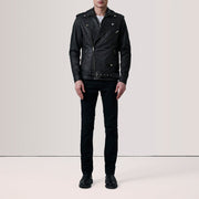 
Distressed Black Sheepskin Snuffed Biker Jacket - Vista traseira com ombros definidos e bainha impecável