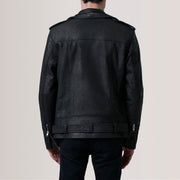 
Vista detalhada of Notch & Zipper & Waist Straps Hardware on Kole Distressed Preto Leather Double Rider Jaqueta de Couro para Homem