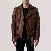 
Kole Waxed Castanho Leather Double Rider Jaqueta de Couro para Homem in Distressed Brown Sheepskin Burnished - Vista frontal e silhueta ajustada | Comprar online