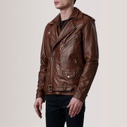 
Kole Waxed Castanho Leather Double Rider Jaqueta de Couro para Homem - Vista lateral mostrando o corte ergonómico de mangas