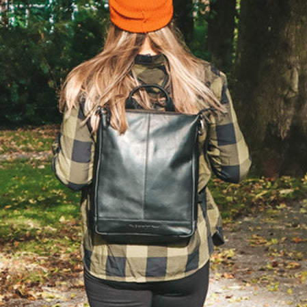 Classic 100% Full-Grain leather Backpack - Rear Perspective Showing Reinforced Leather Straps &amp; Stitching
