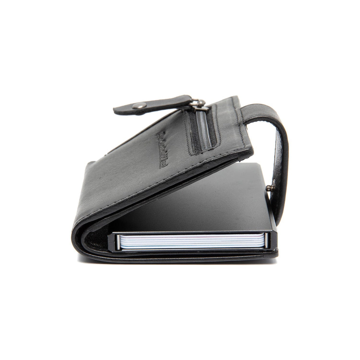 Barrea Full-Grain Leather Card Holder para Mulher - Structured Side Profile Showing Gusset Depth &amp; Expansion Capacity