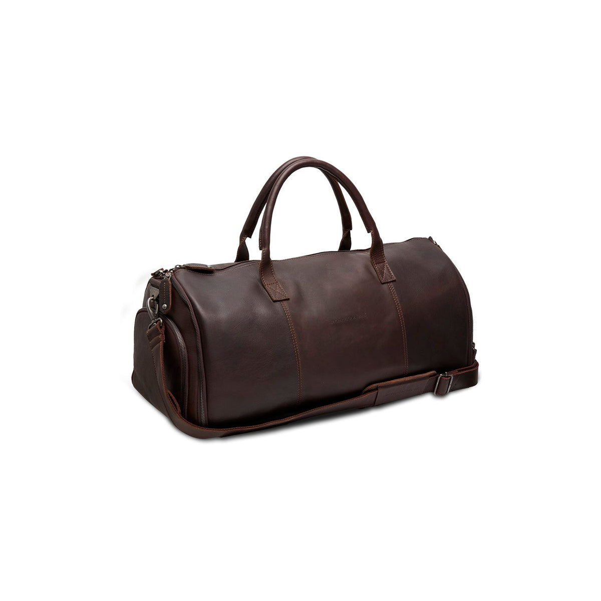 Styled Fit Perspective of Leather Garment Bag Finlay para Mulher on Model - Natural Daylight Drape