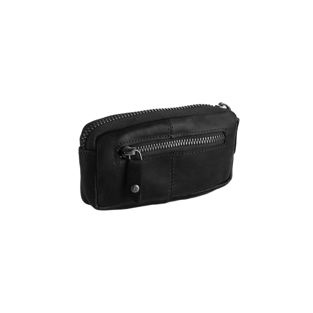 Close-Up Detail of Classic Collar &amp; Heavy-Duty Zipper Hardware on Corey Full-Grain Leather Key Case para Mulher
