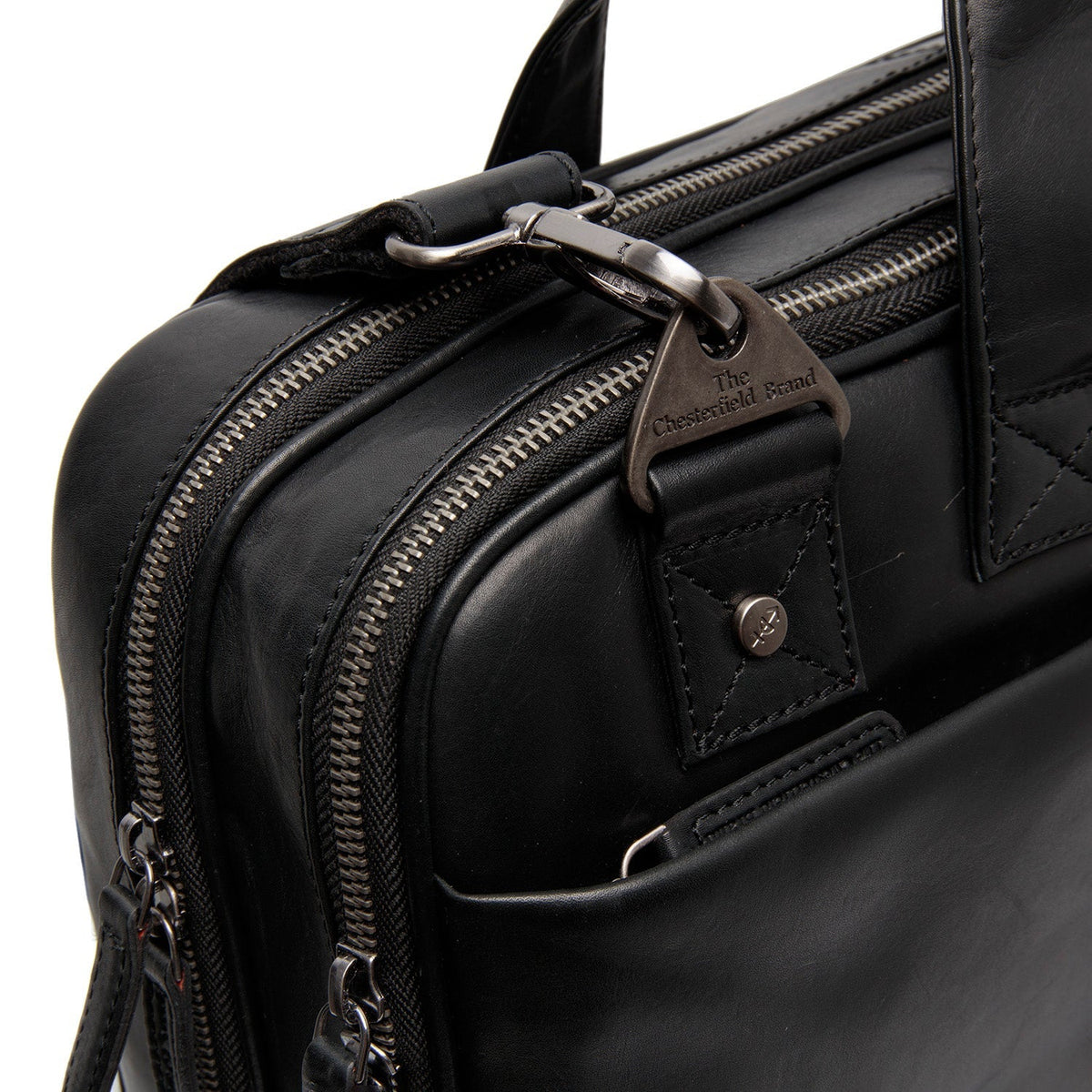 Solid Antique Brass Hardware &amp; Heavy-Duty Dual Zipper Detail on Iseo Full-Grain Leather Laptop Bag para Homem