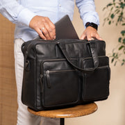 Misha Full-Grain Leather Laptop Bag para Mulher - Structured Side Profile Showing Gusset Depth &amp; Expansion Capacity