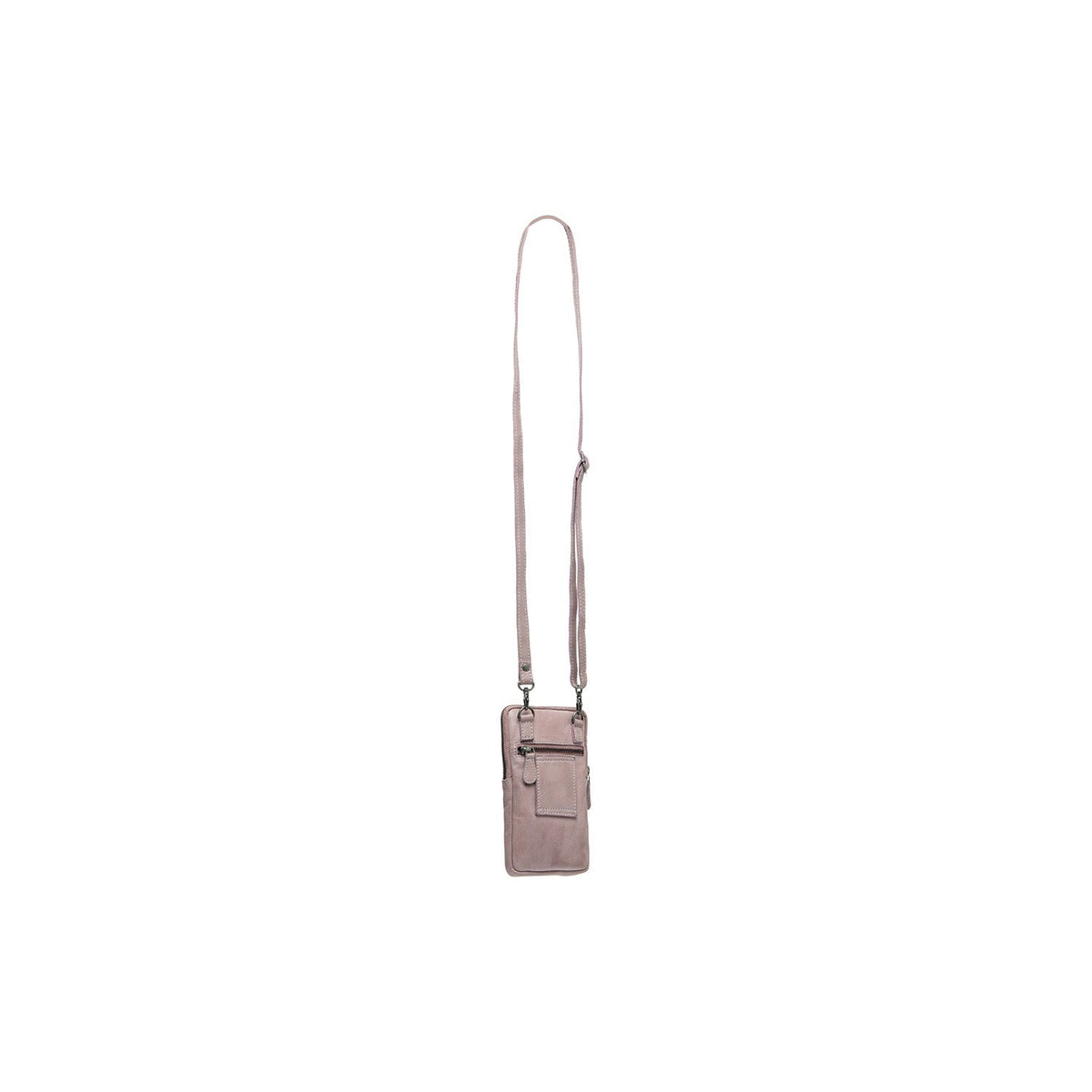 Styled Fit Perspective of Salta Full-Grain Leather Phone Bag para Mulher on Model - Natural Daylight Drape