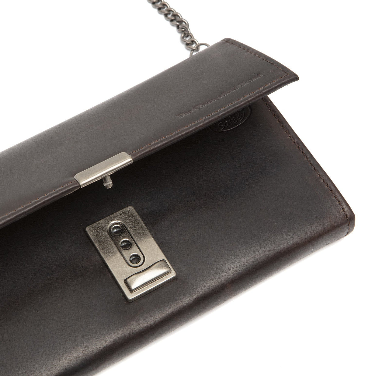 
Solid Antique Brass Hardware & Heavy-Duty Dual Zipper Detail on Bora Couro Flor Integral Waiter Carteira em couro