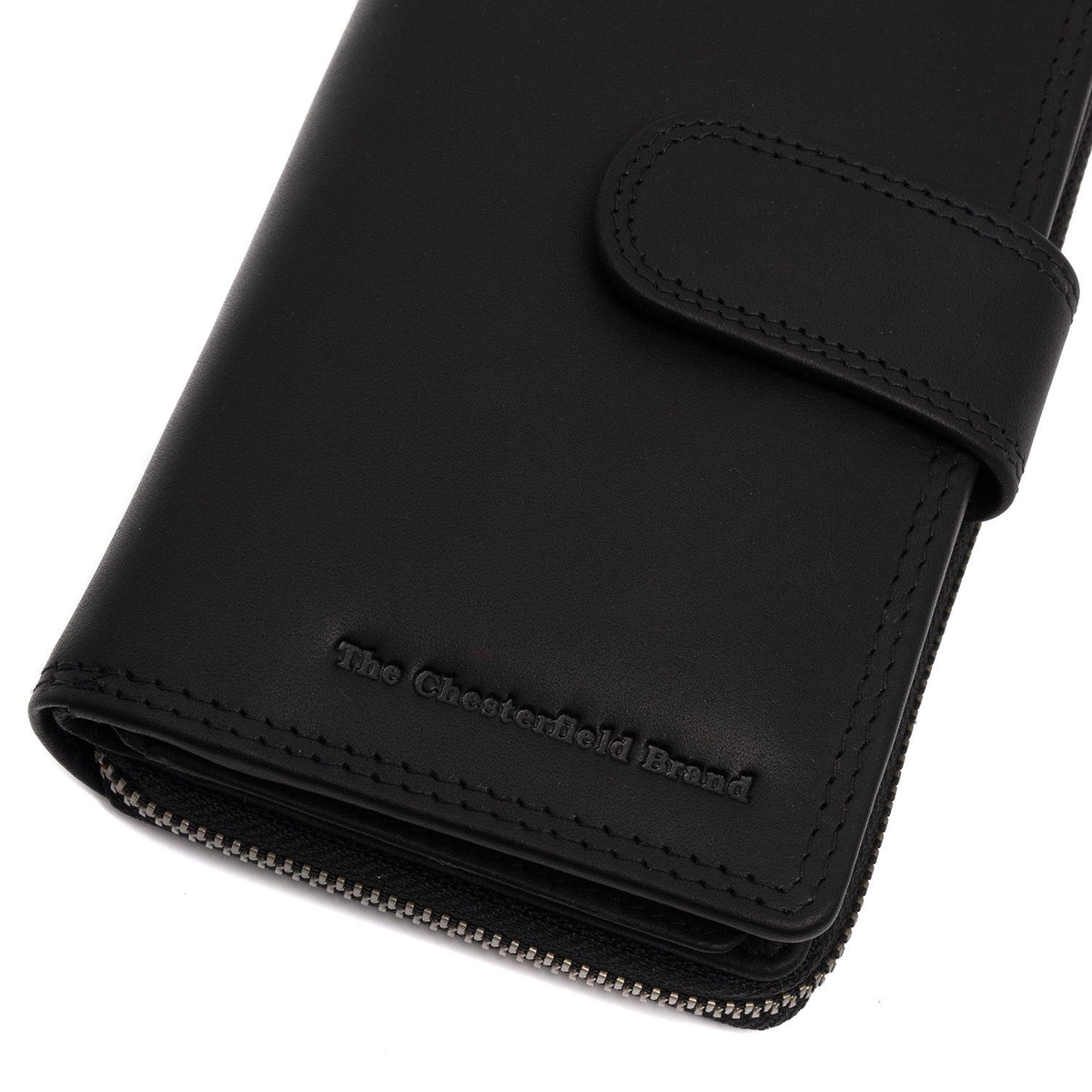 Solid Antique Brass Hardware &amp; Heavy-Duty Dual Zipper Detail on Charlotte Full-Grain Leather Wallet para Mulher