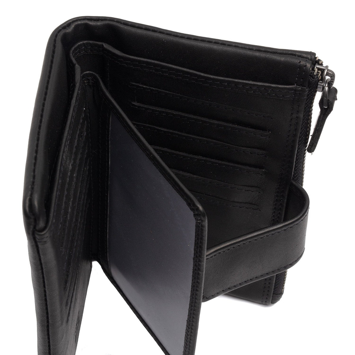 Solid Antique Brass Hardware &amp; Heavy-Duty Dual Zipper Detail on Landau Full-Grain Leather Wallet para Mulher