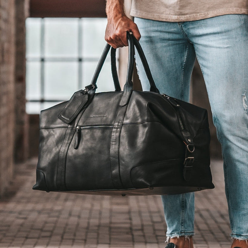 Classic 100% Full-Grain Leather Duffle Bag - Rear Perspective Showing Reinforced Leather Straps & Stitching