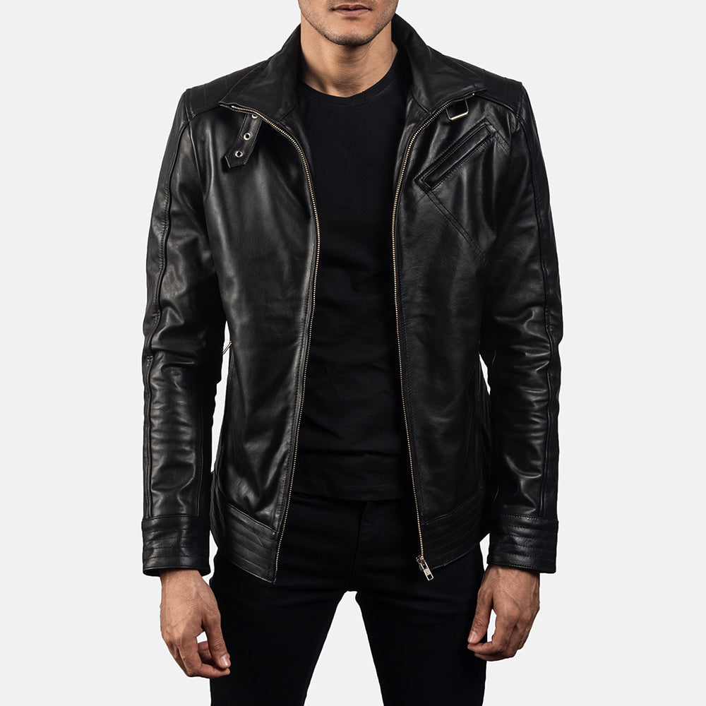 Men's Legacy Preto Blusão Biker de Couro para Homem in Black Cowhide Leather - Front Profile View &amp; Tailored Silhouette | Buy Online