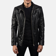 Men's Legacy Preto Blusão Biker de Couro para Homem in Black Cowhide Leather - Front Profile View &amp; Tailored Silhouette | Buy Online
