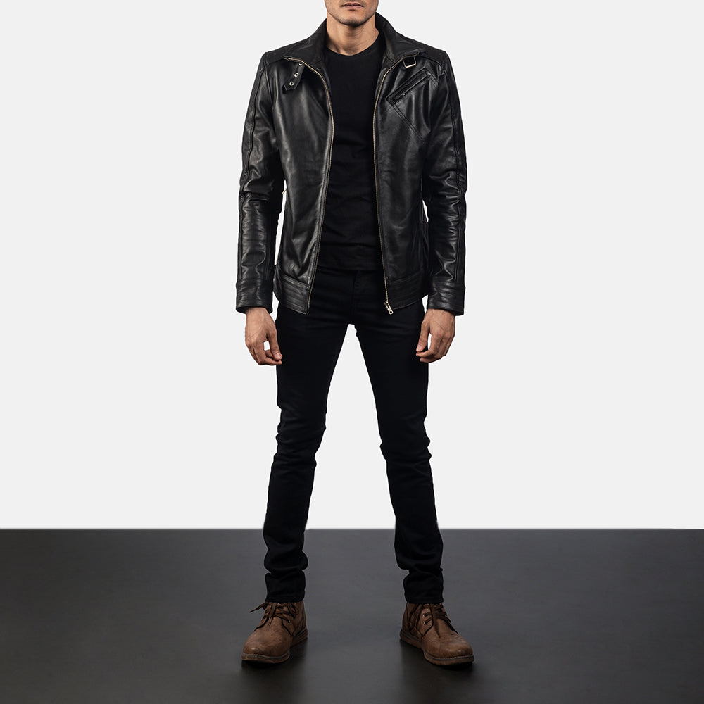 Men's Legacy Preto Blusão Biker de Couro para Homem - Lateral Side Profile View Showing Sleeve Cut &amp; Athletic Taper Fit