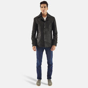 Leo Preto Casaco de Couro para Homem - Lateral Side Profile View Showing Sleeve Cut &amp; Athletic Taper Fit