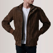 Tailored Rib Cuffs & Hem Craftsmanship Construction Detail on Lester Brown Suede Bomber Jacket For Men