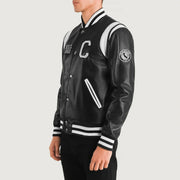 
Black & White Sheepskin Leather Varsity Jacket - Vista traseira com ombros definidos e bainha impecável