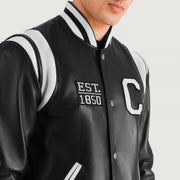 
Vista detalhada of Varsity & Snap Button Hardware on Liberte California Preto Leather Varsity Jaqueta de Couro para Homem