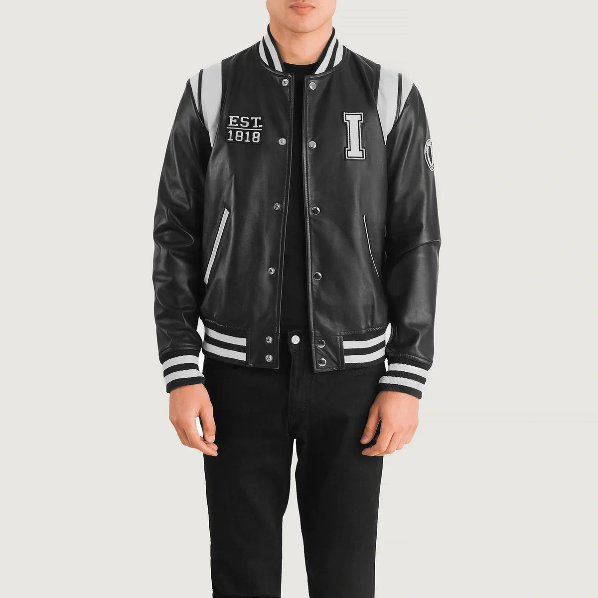 Liberte Illinois Preto Leather Varsity Blusão de Couro para Homem in Black &amp; White Sheepskin Leather - Front Profile View &amp; Tailored Silhouette | Buy Online