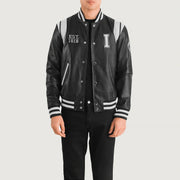 Liberte Illinois Preto Leather Varsity Blusão de Couro para Homem in Black &amp; White Sheepskin Leather - Front Profile View &amp; Tailored Silhouette | Buy Online