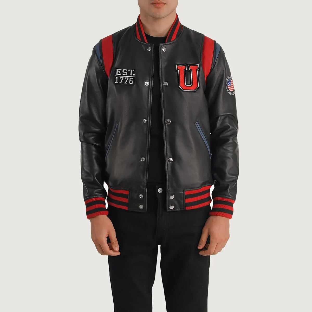 
Liberte USA Black Leather Varsity Jacket in Black Sheepskin Leather - Vista frontal e silhueta ajustada | Comprar online