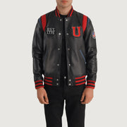 
Liberte USA Black Leather Varsity Jacket in Black Sheepskin Leather - Vista frontal e silhueta ajustada | Comprar online