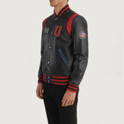 
Black Sheepskin Leather Varsity Jacket - Vista traseira com ombros definidos e bainha impecável