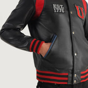 
Vista detalhada of Varsity & Snap Button Hardware on Liberte USA Black Leather Varsity Jacket