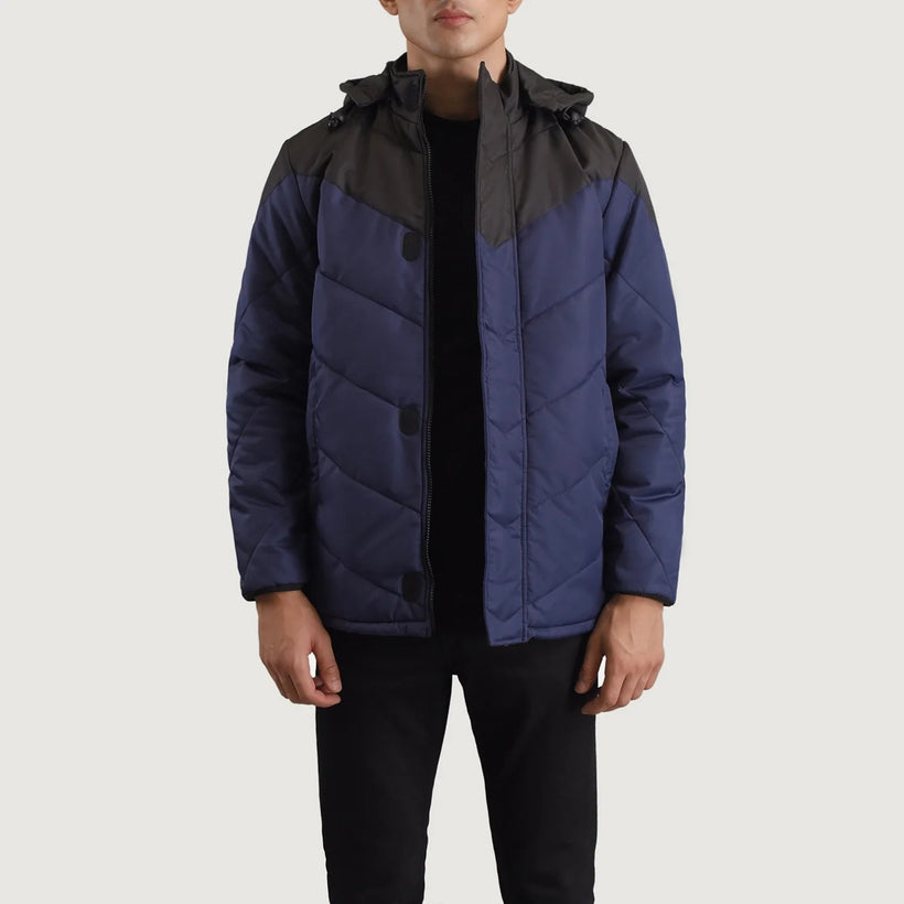 Luka Preto & Azul Hooded Puffer Jaqueta de Couro para Homem