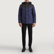 
Luka Preto & Azul Hooded Puffer Jaqueta de Couro para Homem - Vista lateral mostrando o corte ergonómico de mangas
